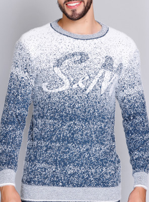 eWools Printed Round Neck Party Men Blue Sweater