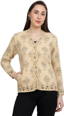 chatanya Printed Round Neck Casual Women Gold Sweater