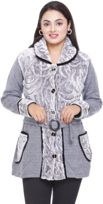 WOOL 4U Embellished Collared Neck Casual Women Grey Sweater