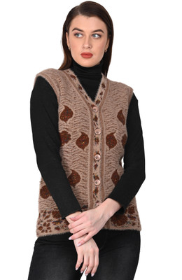 HITTIKA Floral Print V Neck Casual Women Brown Sweater