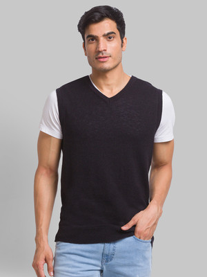 PARX Solid V Neck Casual Men Black Sweater