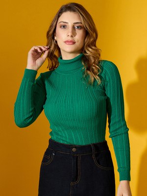 98 Degree North Striped High Neck Casual Women Green Sweater