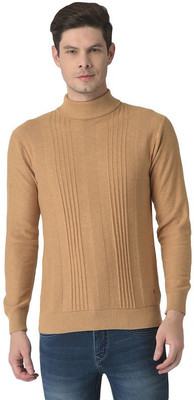 TURTLE Self Design Turtle Neck Casual Men Beige Sweater