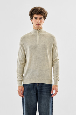 Snitch Solid High Neck Casual Men Beige Sweater