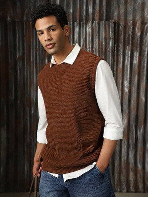 High Star Self Design Round Neck Casual Men Brown Sweater