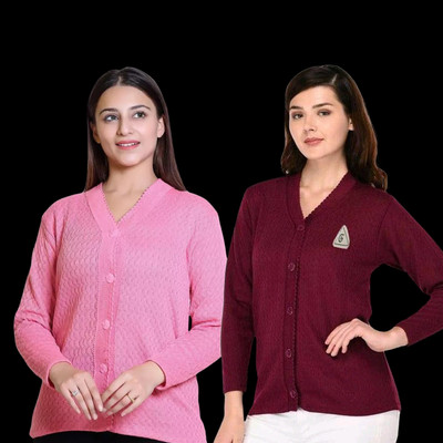 LUXURIOUS DESIGN Self Design V Neck Casual Women Pink, Maroon Sweater