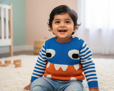 mothermade Self Design Round Neck Casual Baby Boys & Baby Girls Blue Sweater