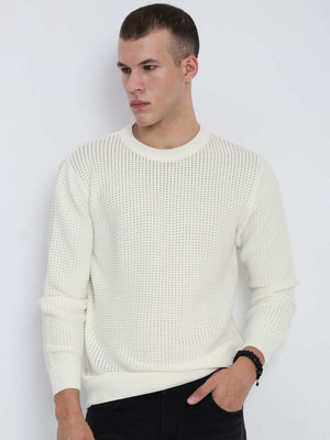 SHOWOFFFF Solid Round Neck Casual Men White Sweater