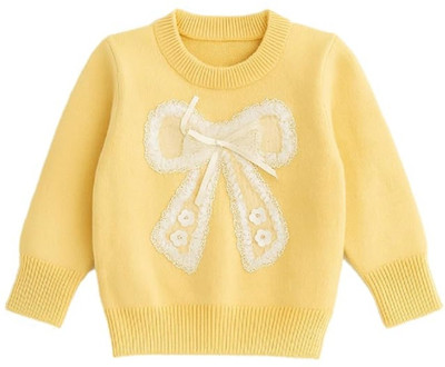 Bold N Elegant Solid, Self Design Round Neck Casual Girls Yellow Sweater