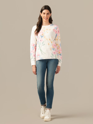 Albion Floral Print Round Neck Casual Women Beige, Pink Sweater