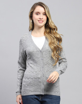 MONTE CARLO Self Design V Neck Casual Women Grey Sweater
