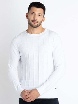 Status Quo Solid Round Neck Casual Men White Sweater
