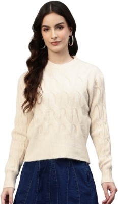 One Femme Self Design Round Neck Casual Women Beige Sweater