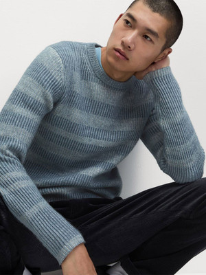 MARKS & SPENCER Striped Round Neck Casual Men Grey Sweater