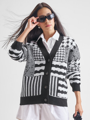 Tokyo Talkies Self Design V Neck Casual Women Black, White Sweater