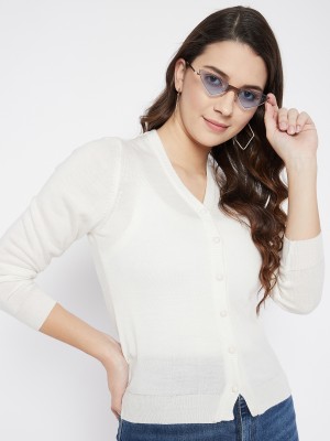 Zigo Self Design V Neck Casual Women White Sweater