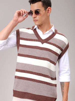The Indian Garage Co. Striped V Neck Casual Men Brown Sweater