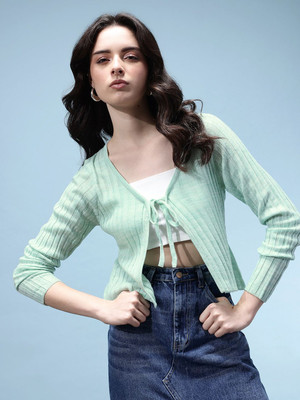 Glitchez Striped V Neck Casual Women Green Sweater