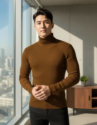 FASHLOOK Solid High Neck Casual Men Brown Sweater