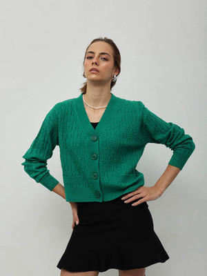 STREET9 Solid V Neck Casual Women Green Sweater