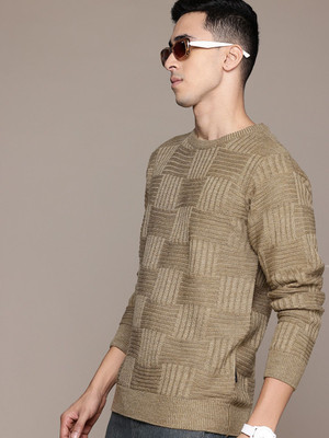 Roadster Self Design Round Neck Casual Men Brown Sweater