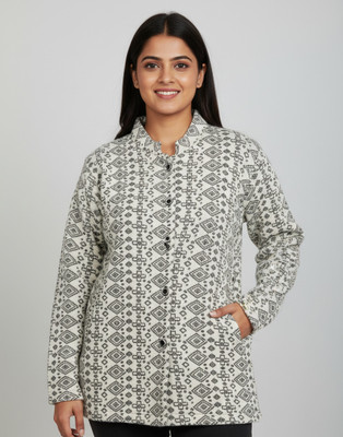velva Printed Mandarin Neck Casual Women White Sweater