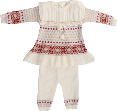 ANIXA Printed Round Neck Casual Baby Girls White Sweater