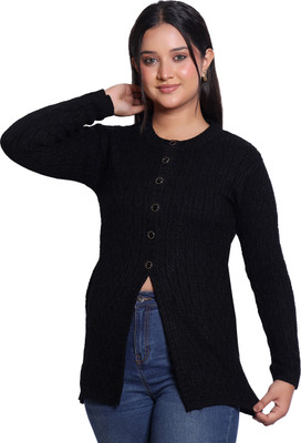 Varenyam Self Design Ruffle Neck Casual Women Black Sweater