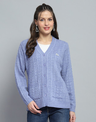MONTE CARLO Self Design V Neck Casual Women Purple Sweater