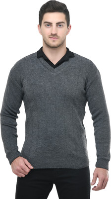 manra Solid V Neck Casual Men Grey Sweater