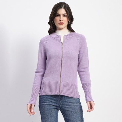 MADAME Solid Round Neck Casual Women Purple Sweater