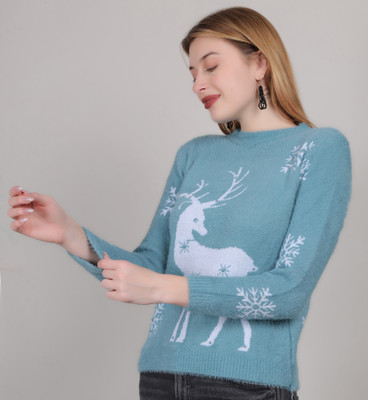 Thansmay kleider Printed, Woven Round Neck Casual Women Light Green Sweater