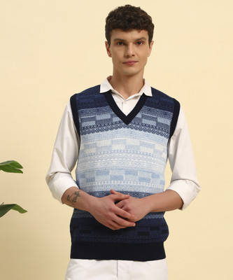 CANBLAR Colorblock V Neck Casual Men Blue, White Sweater