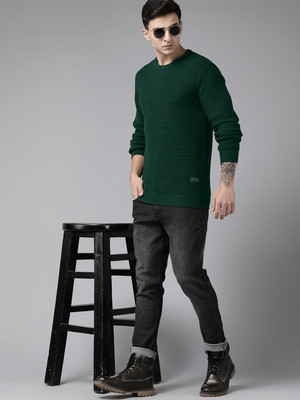 Roadster Solid Round Neck Casual Men Green Sweater