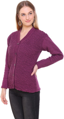 Ozarro Self Design V Neck Casual Women Purple Sweater