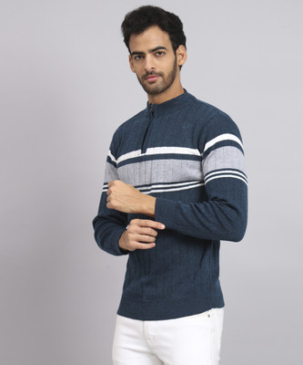 HELL BOUND Colorblock Round Neck Casual Men Blue Sweater