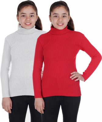 100LUCK Solid Turtle Neck Casual Boys & Girls Red, White Sweater