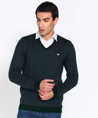 PETER ENGLAND Self Design V Neck Casual Men Blue Sweater