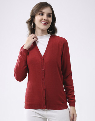 MONTE CARLO Solid V Neck Casual Women Maroon Sweater
