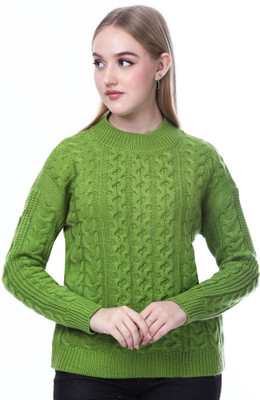 NOQUO Self Design Round Neck Casual Women Green Sweater