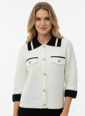 Hallinton Solid Collared Neck Formal Women White Sweater