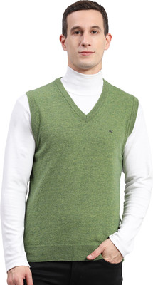 MONTE CARLO Solid V Neck Casual Men Green Sweater