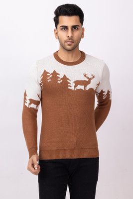 RUDRAKSH Self Design Round Neck Casual Men Brown Sweater