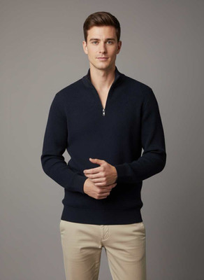 FASHLOOK Solid V Neck Casual Men Dark Blue Sweater