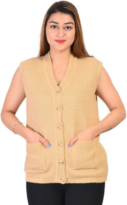 STUTAKRITI Self Design V Neck Casual Women Beige Sweater