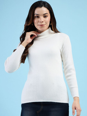 Oishee Woven Turtle Neck Casual Women White Sweater