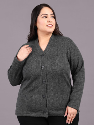 hifzaa Self Design V Neck Casual Women Grey Sweater