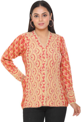 WOOL 4U Embellished V Neck Casual Women Beige Sweater