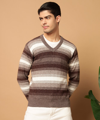SILVANUS Colorblock V Neck Casual Men Brown Sweater