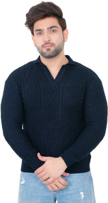 Dartline Solid Round Neck Party Men Dark Blue Sweater
